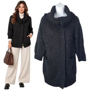 Joyce Leslie Cowl Neck Wool Blend Snap Front Cardigan Black Metallic Knit Cozy S